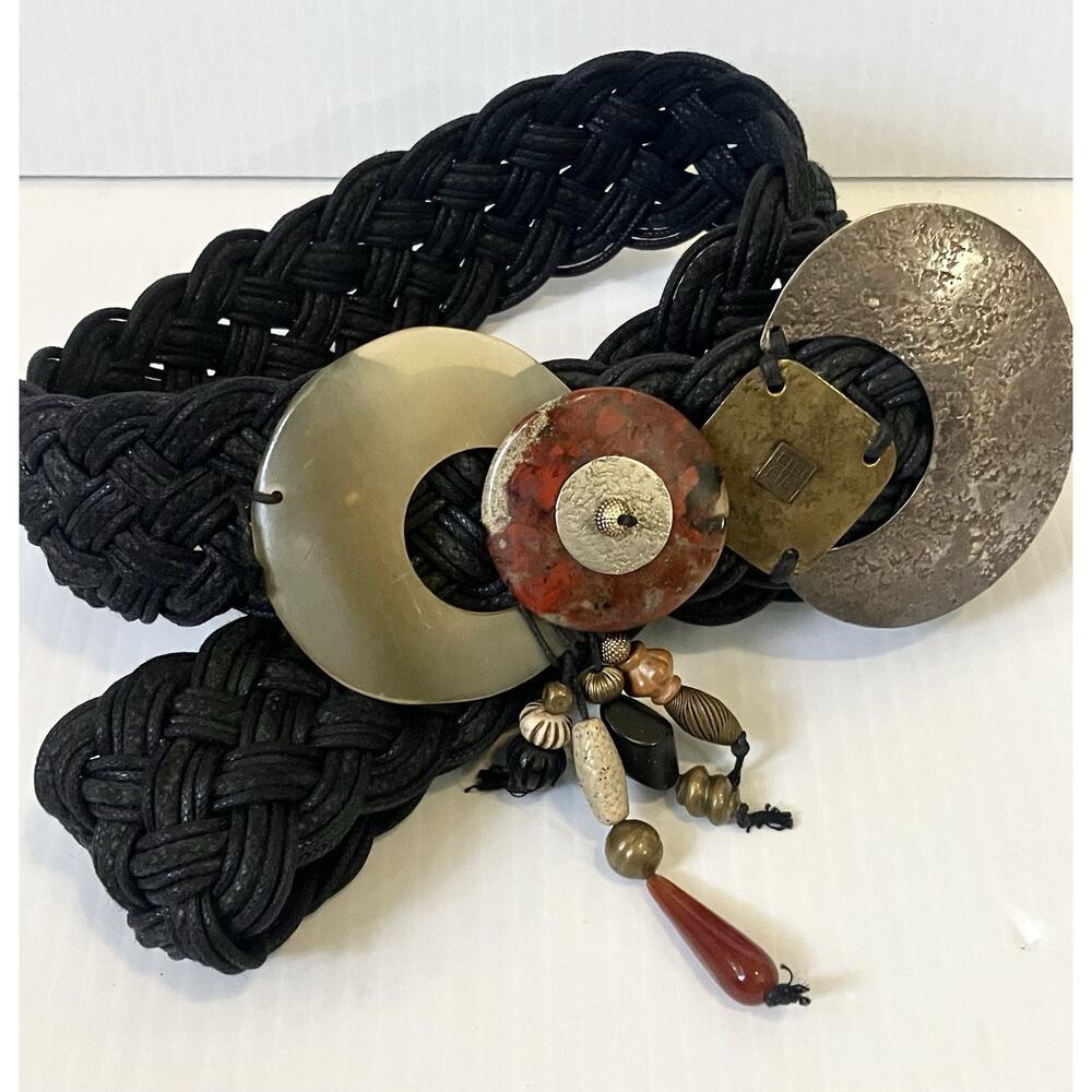 Vintage Braided Woven Waist Belt Brass, Horn Medallion Bead Tassel Brutalist